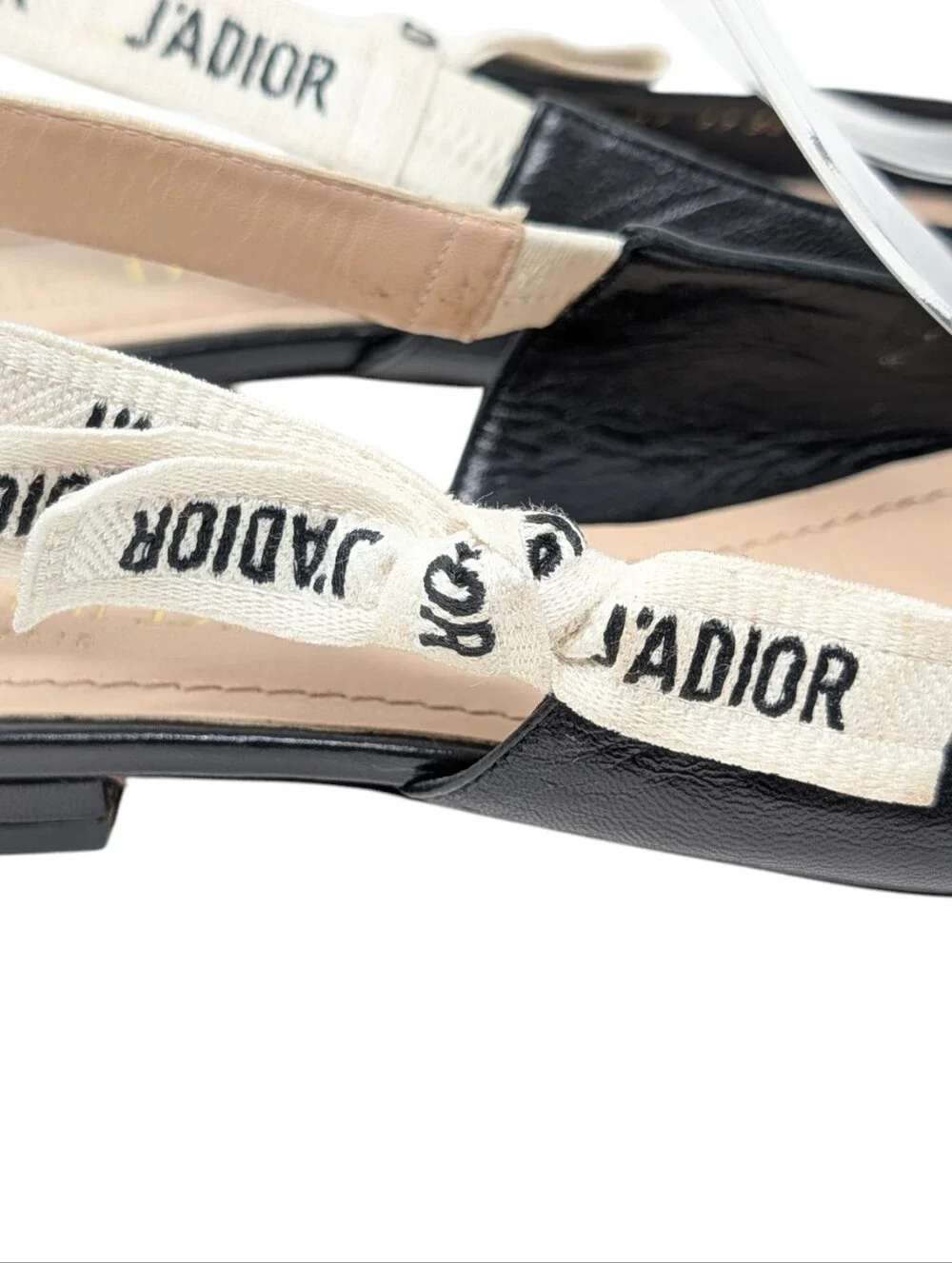 Dior J'Adior Black Leather Slingback White Ribbon Pointed Toe Flats Size EU 38.5